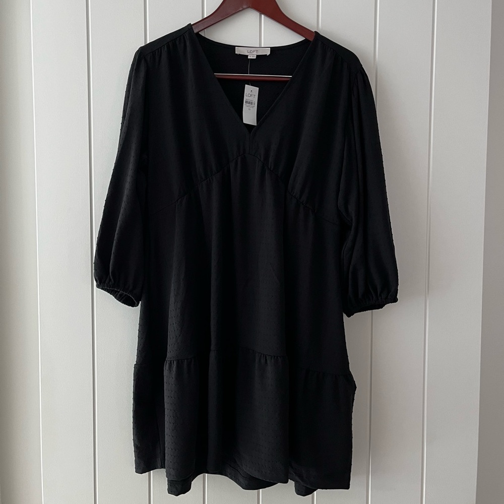 Loft clip dot black flowy tiered dress, size 10